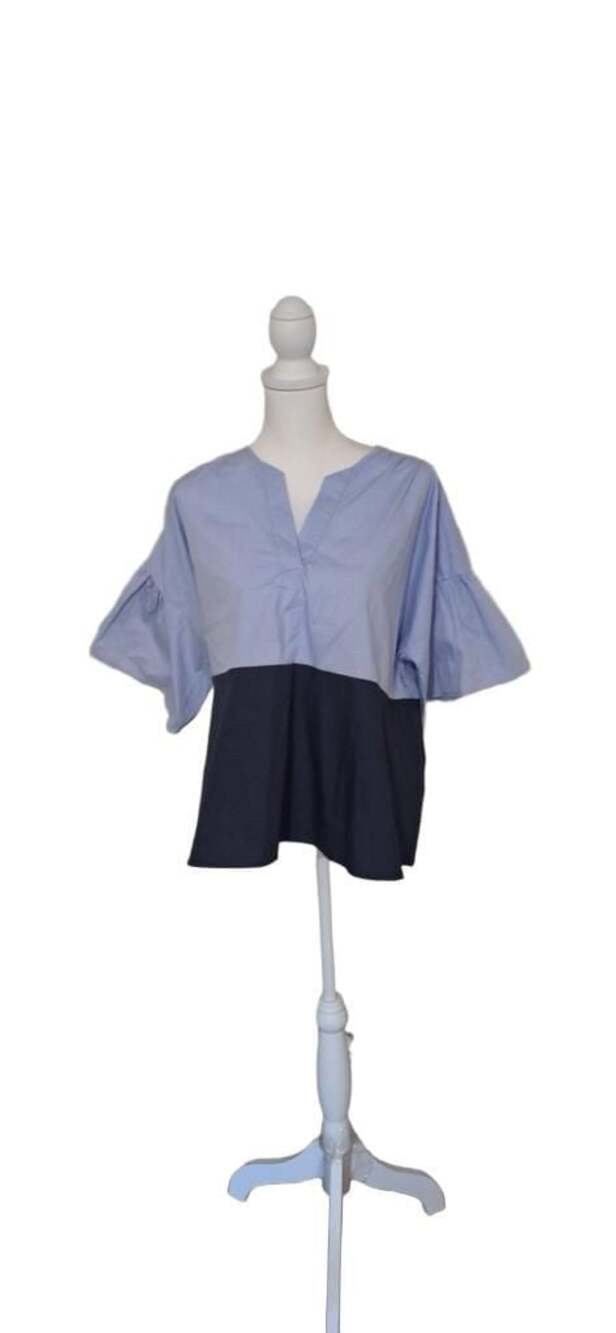 Lagenlook 100% Cotton V-Neck Blouse Top Lt Blue/Navy M